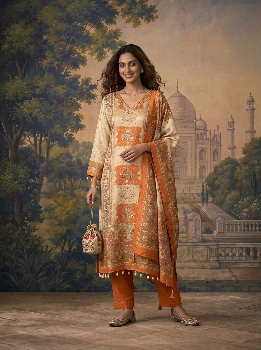 Orange Tissue Vintage Mughal Digital Printed Three Piece Set