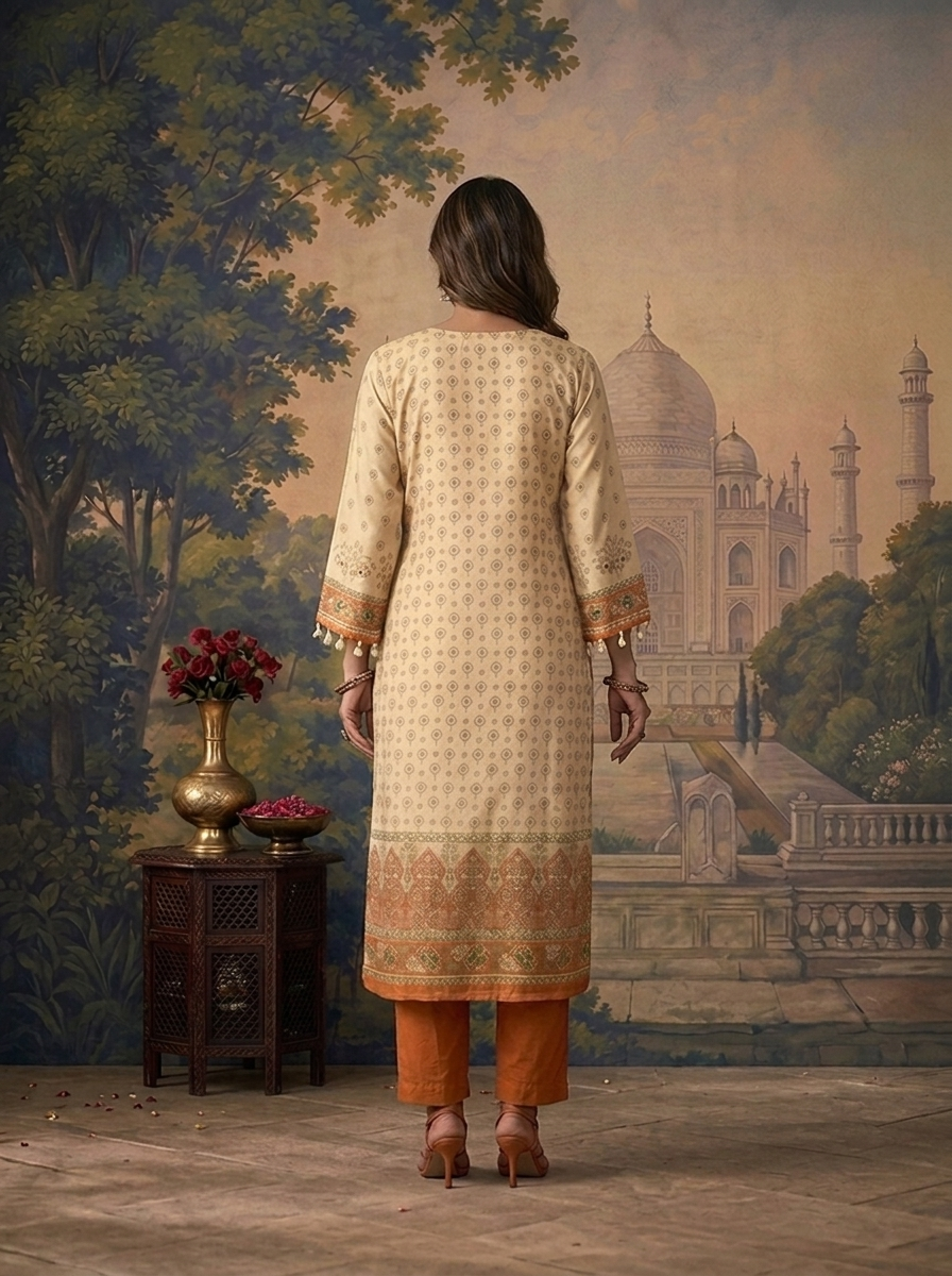 Orange Tissue Vintage Mughal Digital Printed Three Piece Set