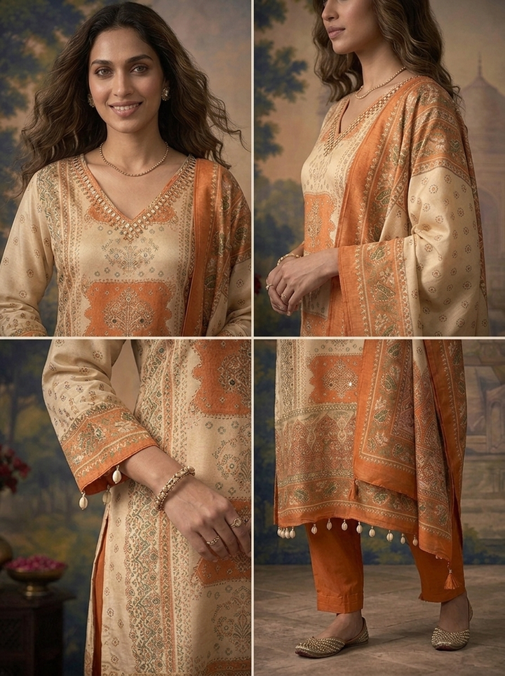 Orange Tissue Vintage Mughal Digital Printed Three Piece Set
