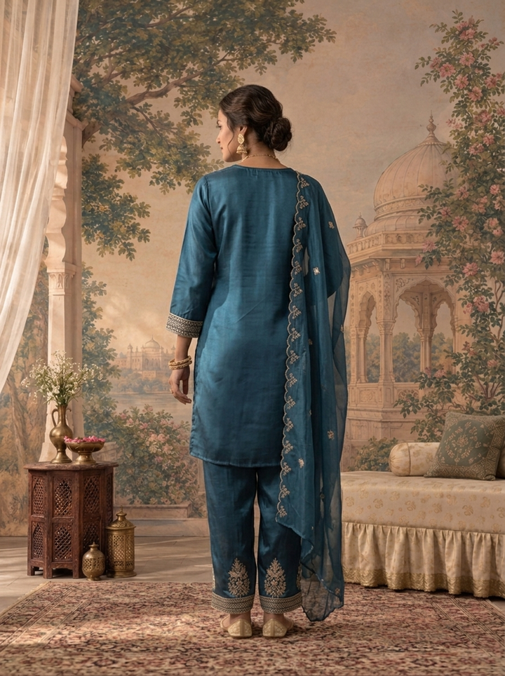Teal Blue Satin Zari Bird Embroidered Three Piece Set
