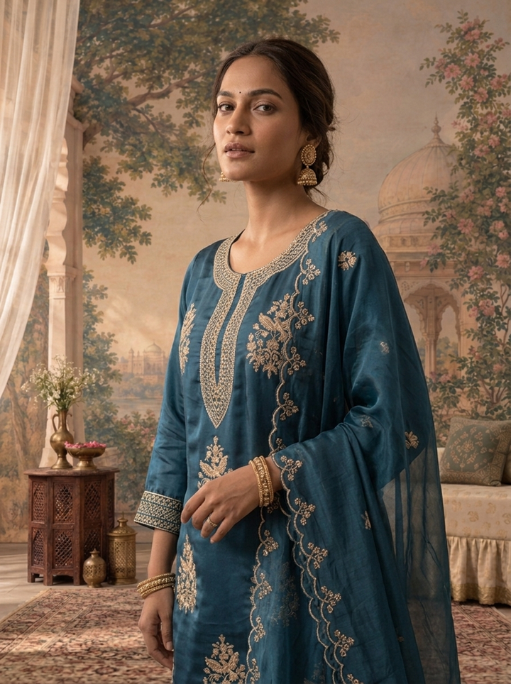Teal Blue Satin Zari Bird Embroidered Three Piece Set