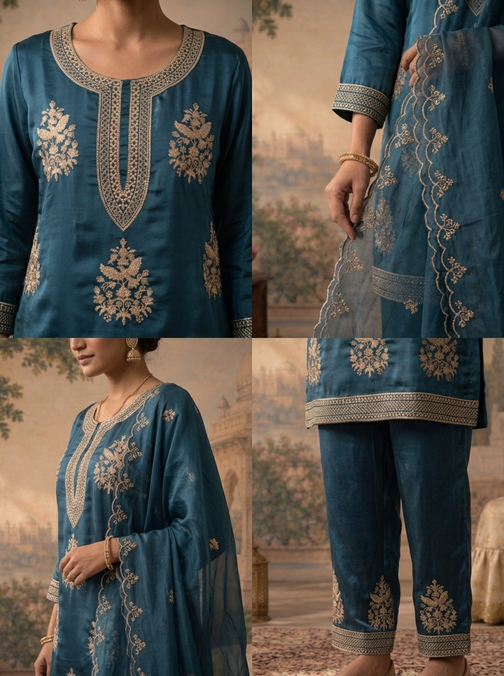 Teal Blue Satin Zari Bird Embroidered Three Piece Set