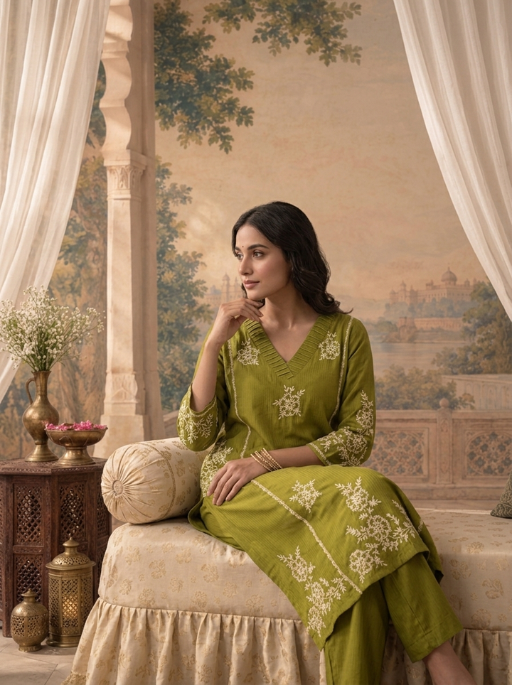 Mehadi Green Rayon Floral Thread Embroidered Two Piece Set