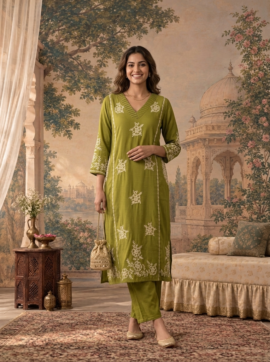 Mehadi Green Rayon Floral Thread Embroidered Two Piece Set