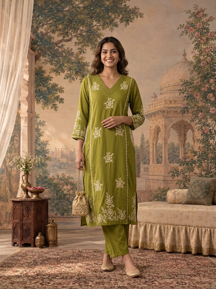 Mehadi Green Rayon Floral Thread Embroidered Two Piece Set