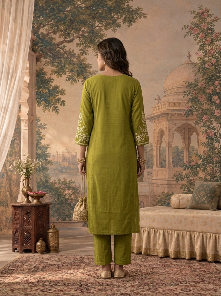 Mehadi Green Rayon Floral Thread Embroidered Two Piece Set