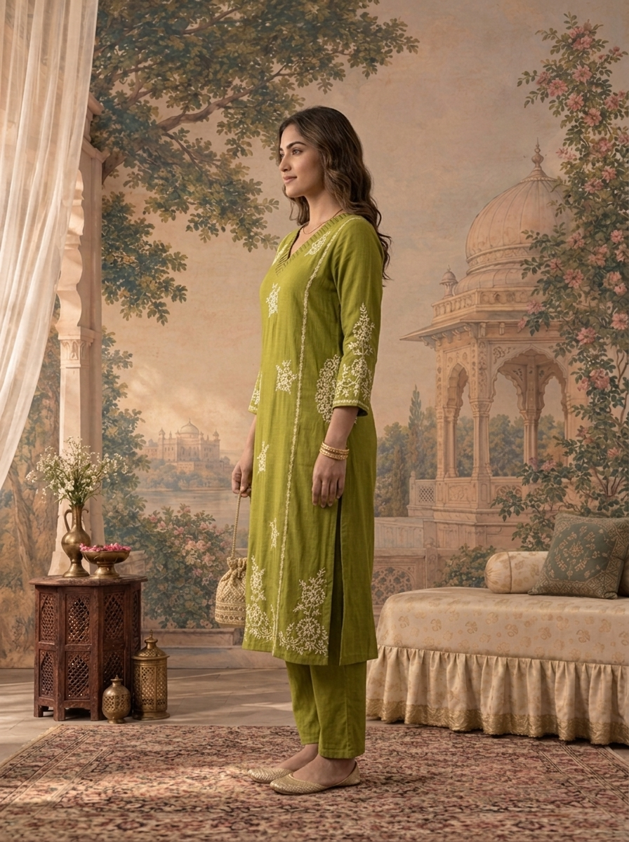 Mehadi Green Rayon Floral Thread Embroidered Two Piece Set