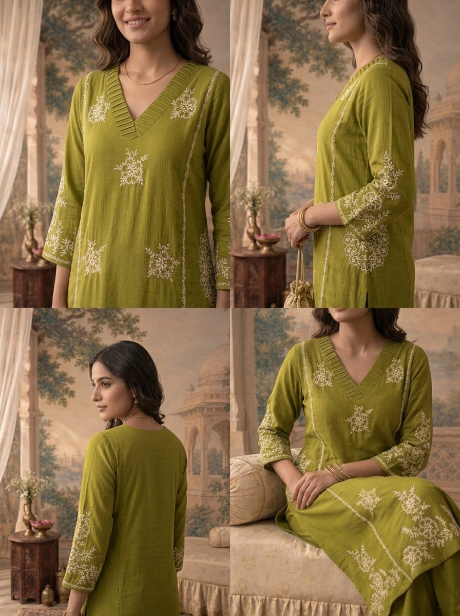 Mehadi Green Rayon Floral Thread Embroidered Two Piece Set
