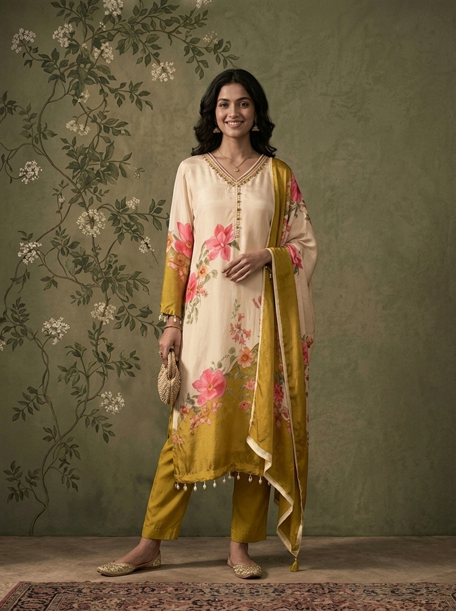 Cream And Mustard Crepe Floral Hand-Painted Printed Three Piece Set
