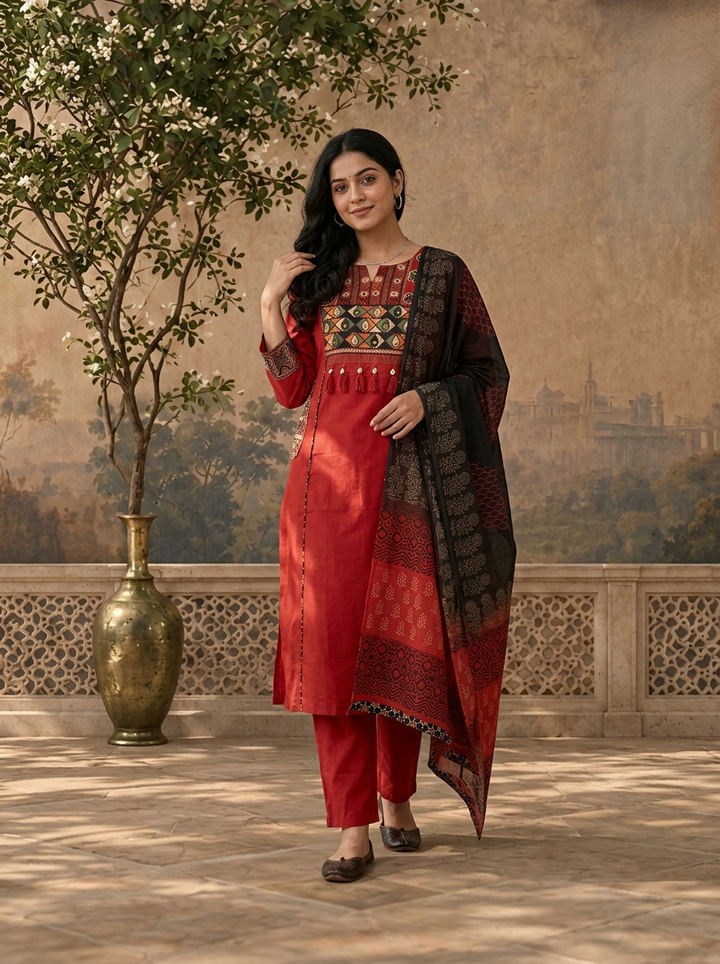 Maroon Cotton Solid With Ajrakh Embroidered Three Piece Set