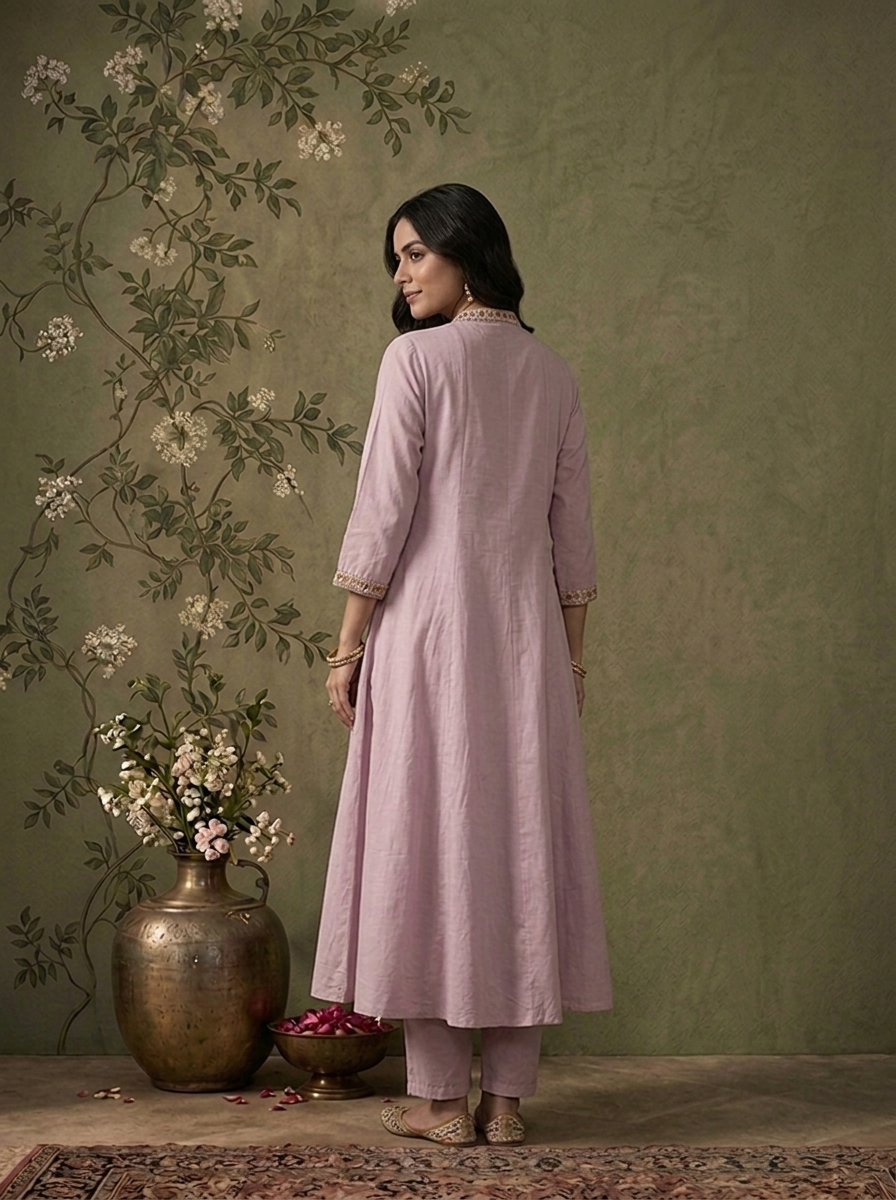 Lilac Cotton Floral Thread Embroidered Three Piece Set