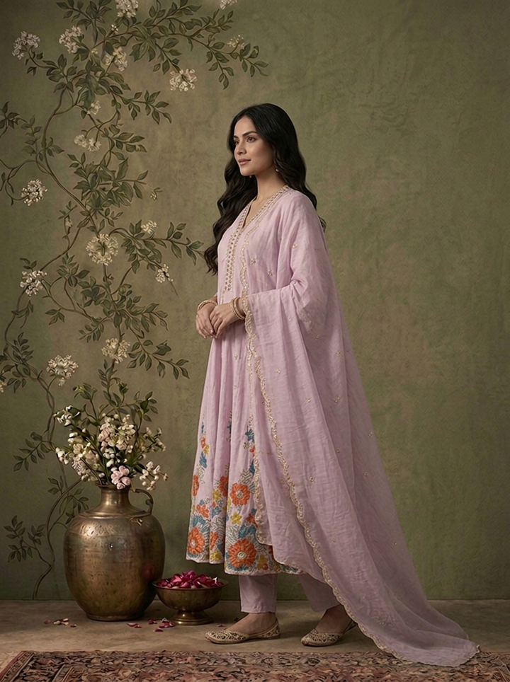 Lilac Cotton Floral Thread Embroidered Three Piece Set