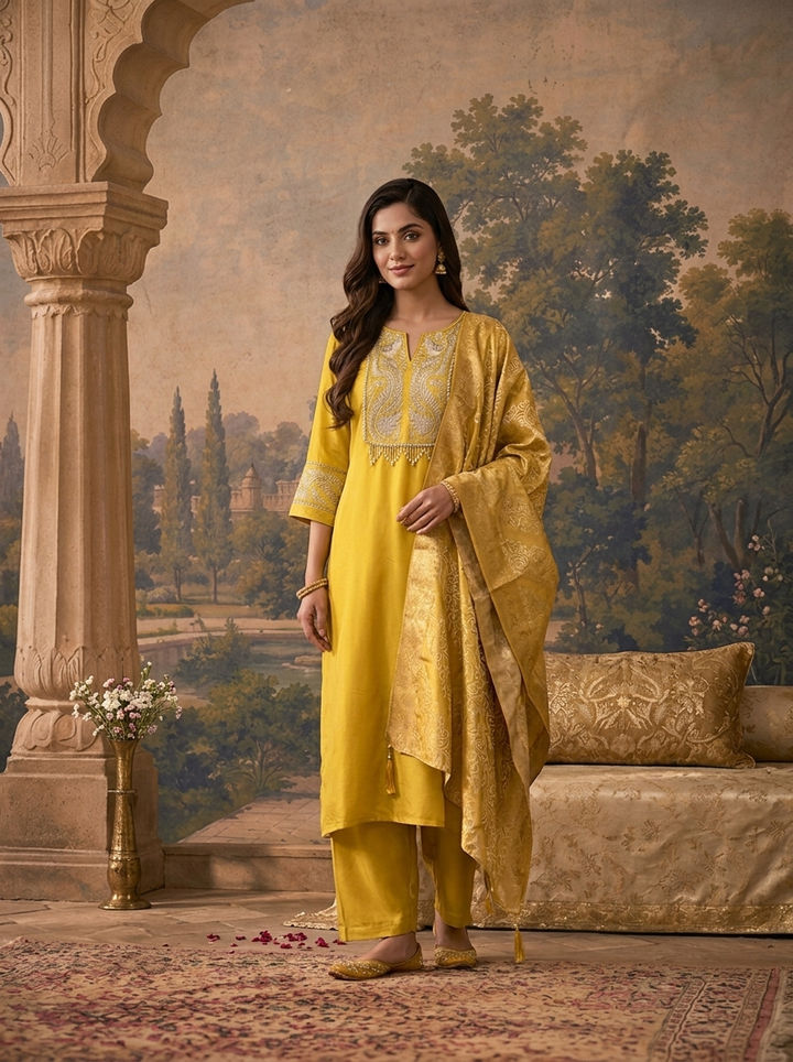 Yellow Rayon Solid With Zari Kashmiri Tilla Embroidered Three Piece Set