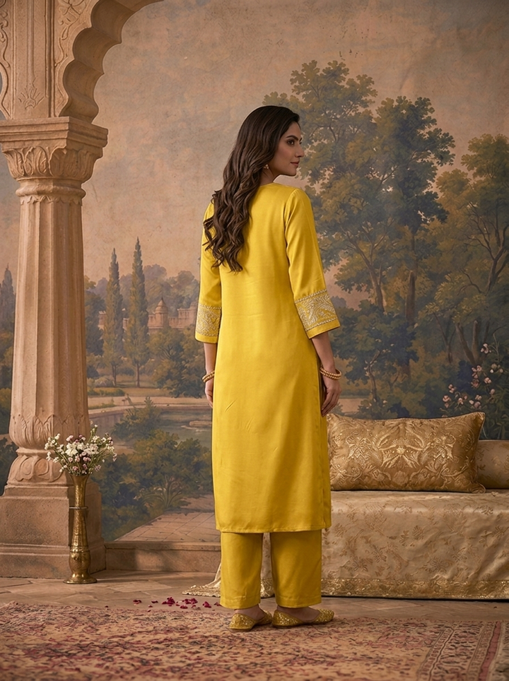 Yellow Rayon Solid With Zari Kashmiri Tilla Embroidered Three Piece Set