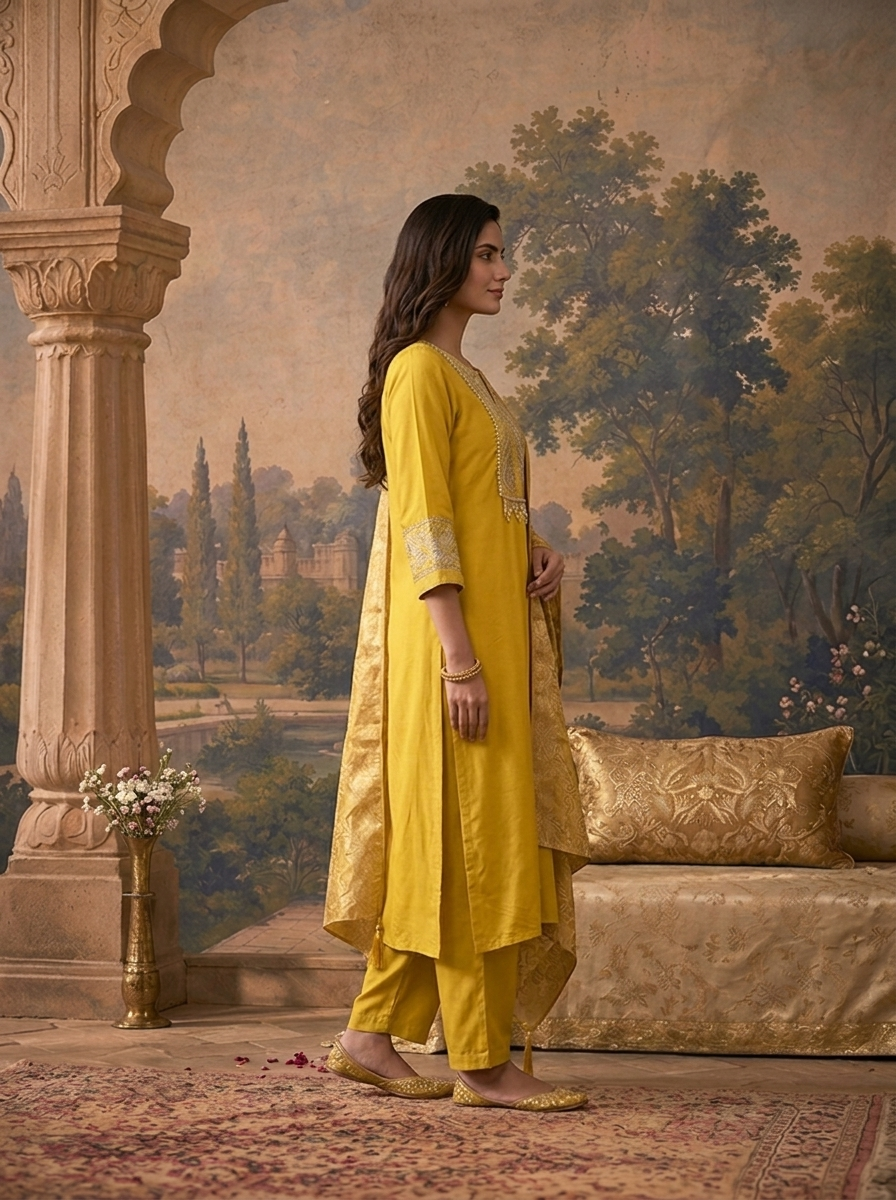 Yellow Rayon Solid With Zari Kashmiri Tilla Embroidered Three Piece Set