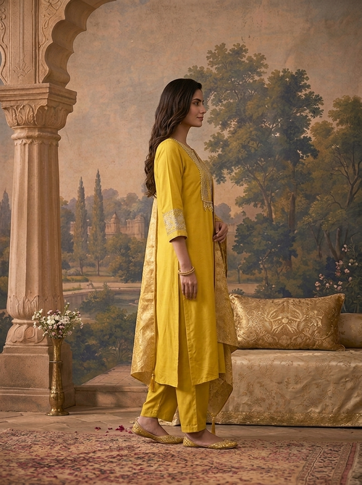 Yellow Rayon Solid With Zari Kashmiri Tilla Embroidered Three Piece Set