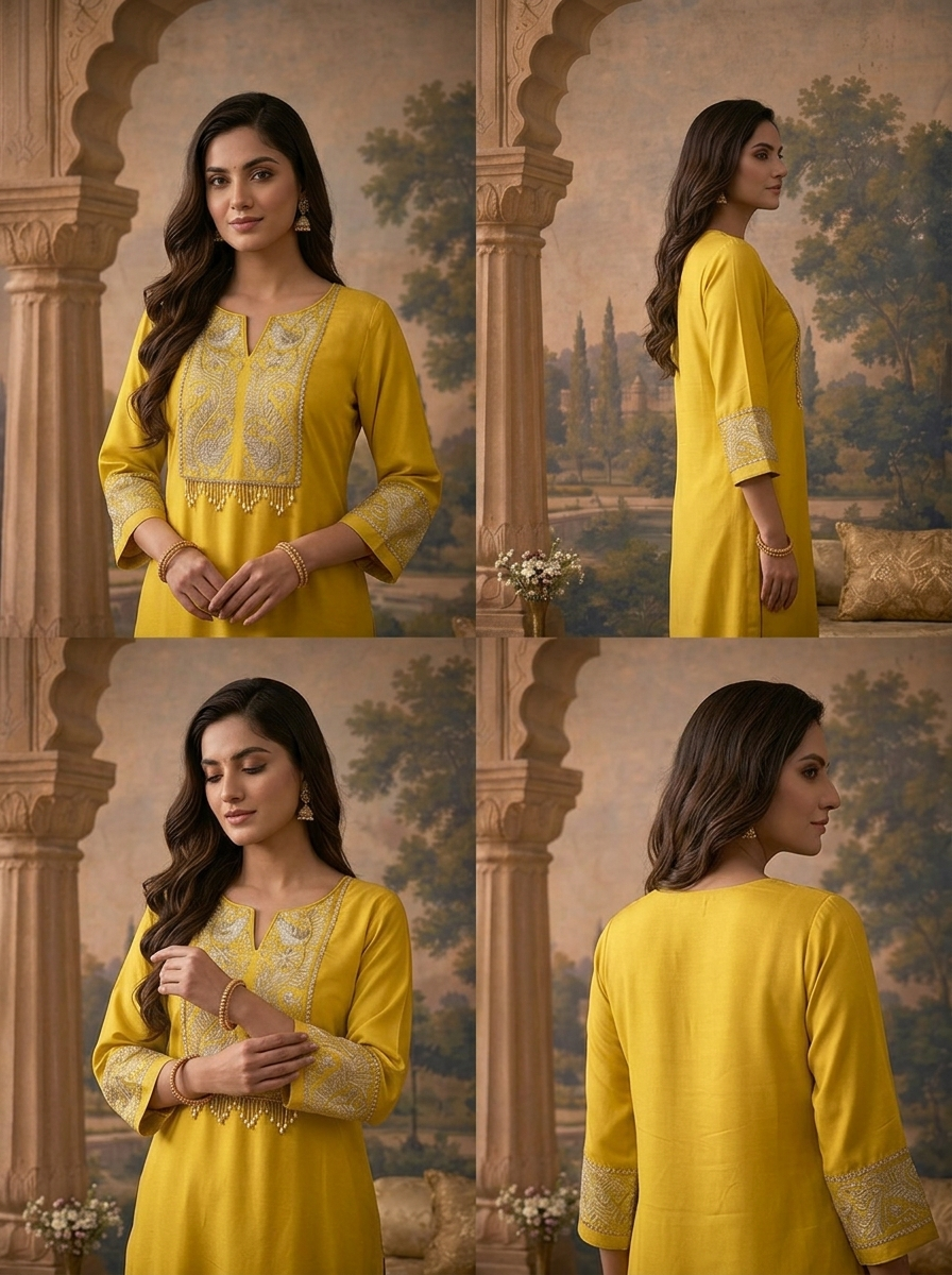 Yellow Rayon Solid With Zari Kashmiri Tilla Embroidered Three Piece Set