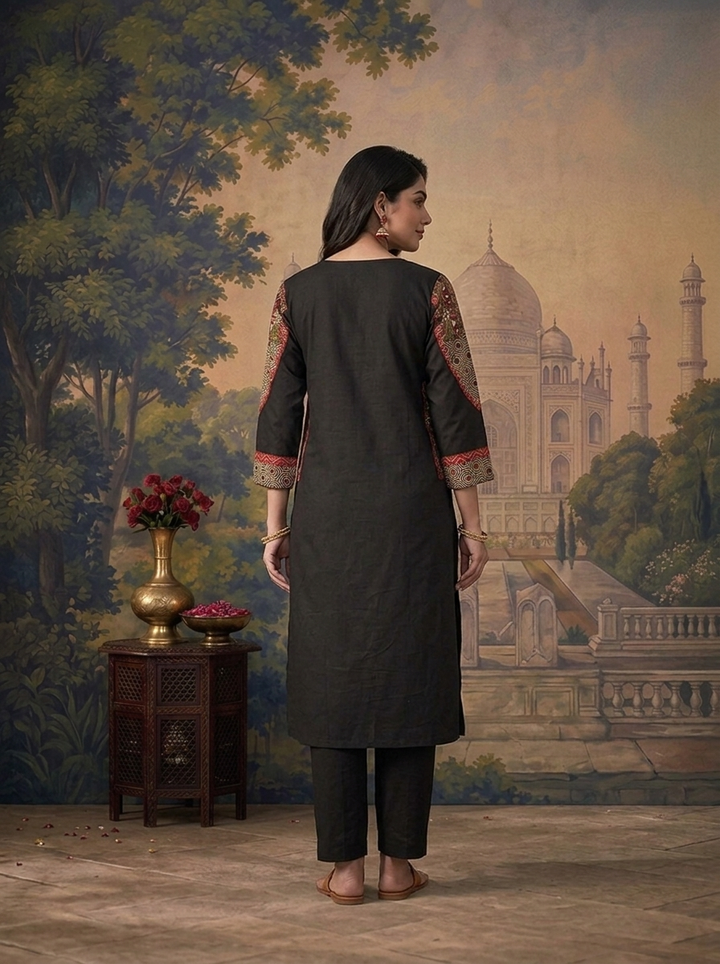 Black Cotton Solid With Ajrakh Foil Mirror Embroidered Three Piece Set