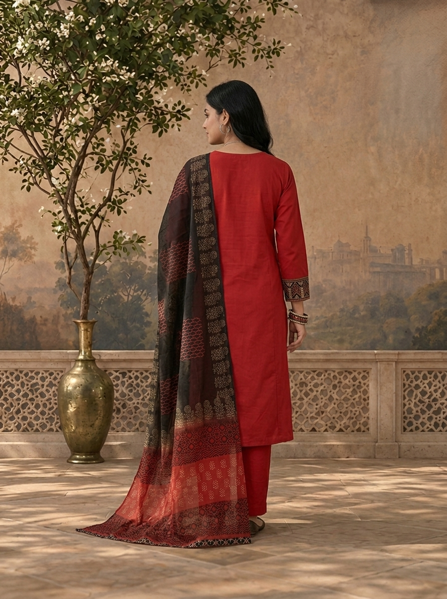 Maroon Cotton Solid With Ajrakh Embroidered Three Piece Set