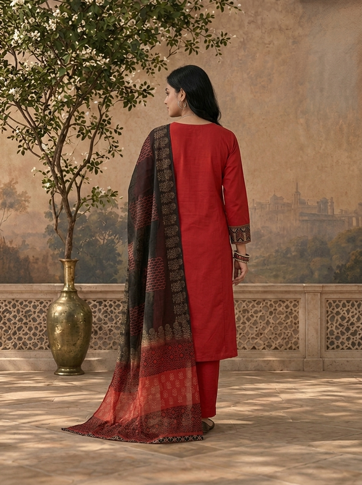 Maroon Cotton Solid With Ajrakh Embroidered Three Piece Set