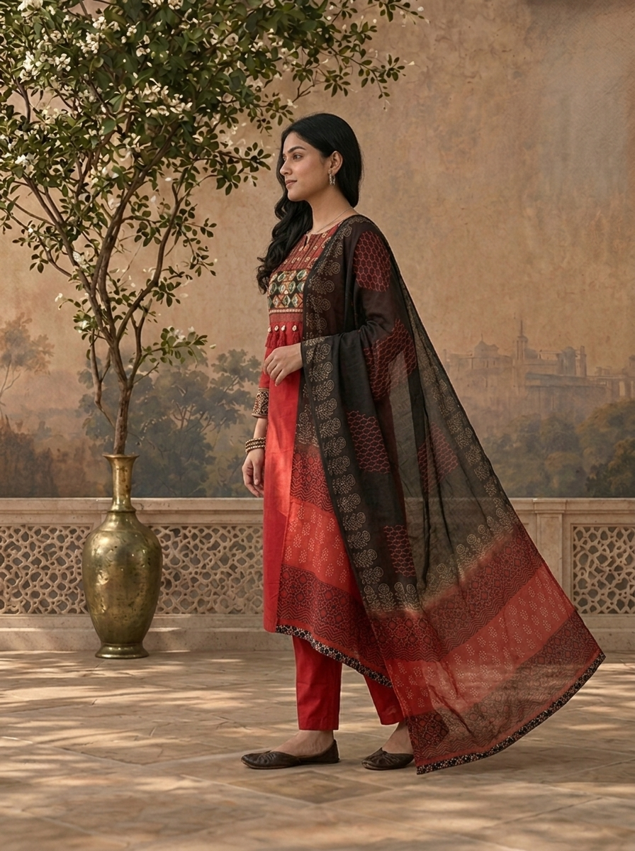 Maroon Cotton Solid With Ajrakh Embroidered Three Piece Set