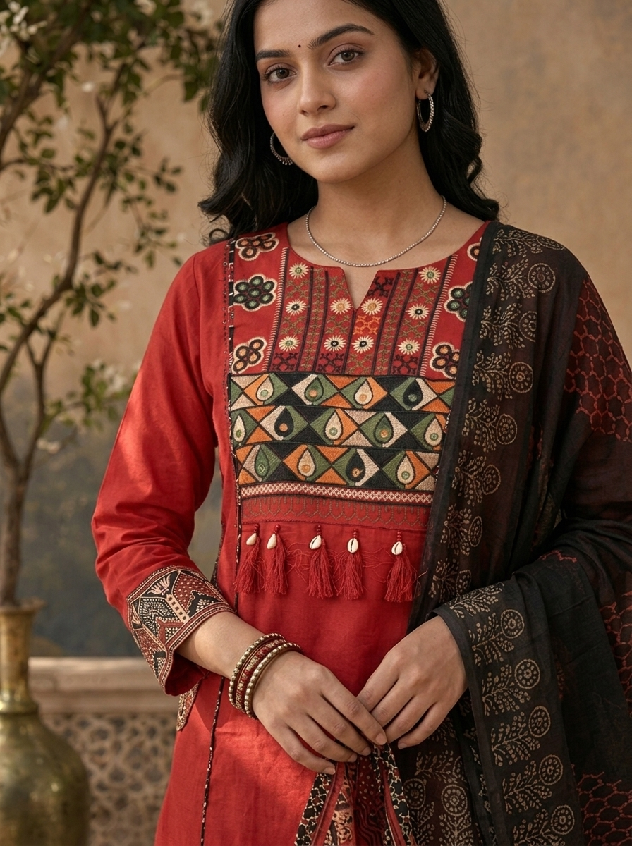 Maroon Cotton Solid With Ajrakh Embroidered Three Piece Set