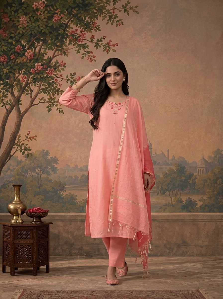 Rose Pink Chanderi Solid With Floral Thread Embroidered Three Piece Set