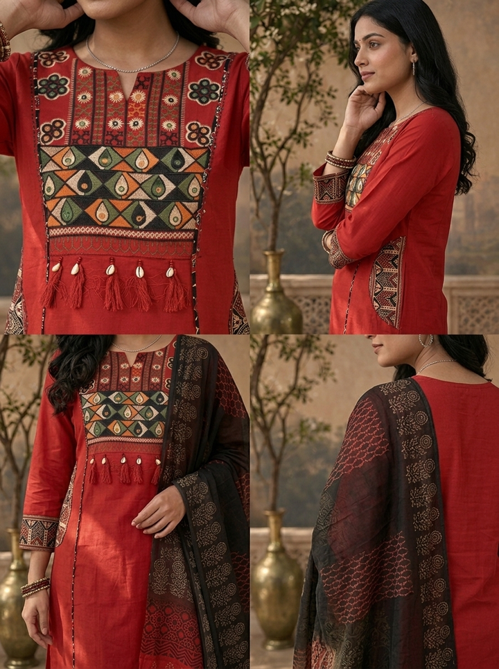 Maroon Cotton Solid With Ajrakh Embroidered Three Piece Set