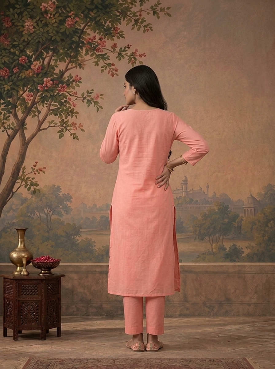 Rose Pink Chanderi Solid With Floral Thread Embroidered Three Piece Set