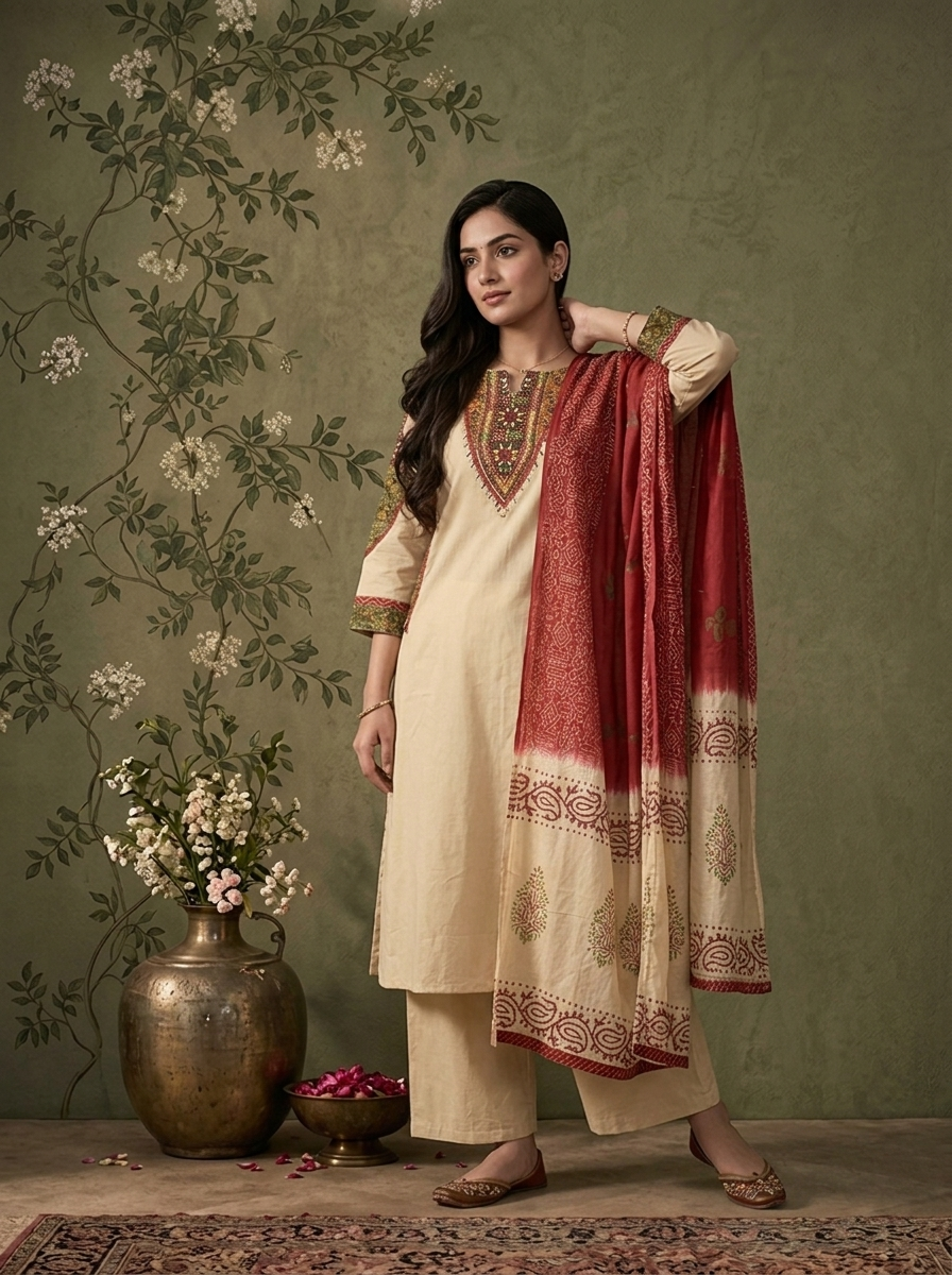 Beige Cotton Solid With Ajrakh Foil Mirror Embroidered Three Piece Set