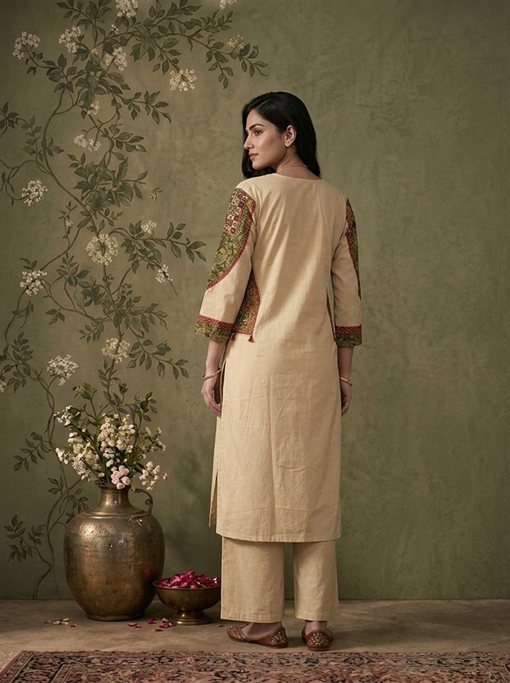 Beige Cotton Solid With Ajrakh Foil Mirror Embroidered Three Piece Set