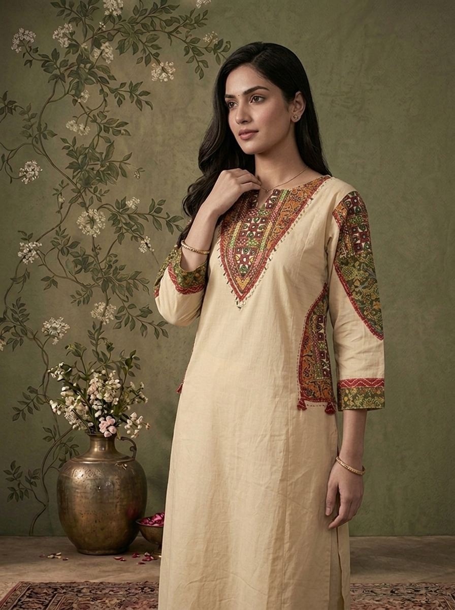 Beige Cotton Solid With Ajrakh Foil Mirror Embroidered Three Piece Set