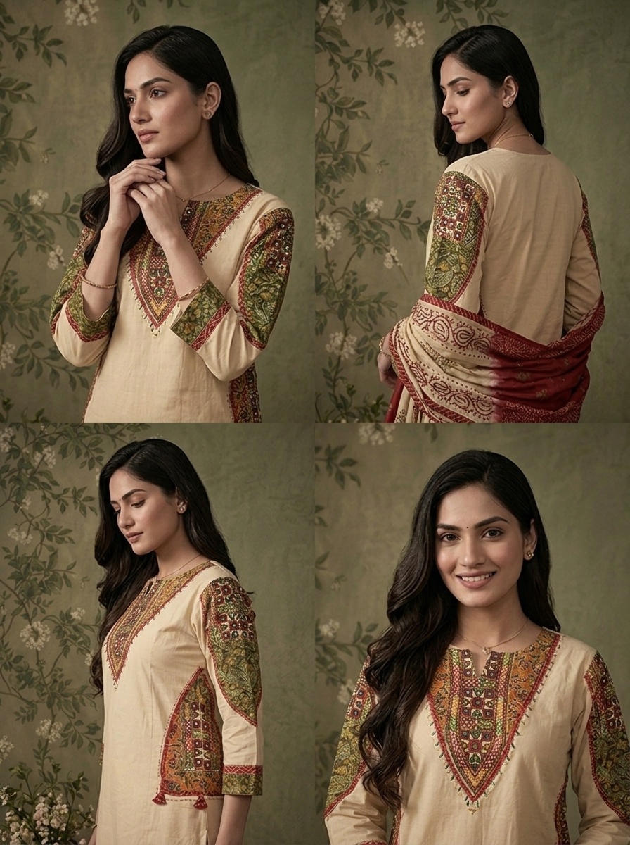 Beige Cotton Solid With Ajrakh Foil Mirror Embroidered Three Piece Set