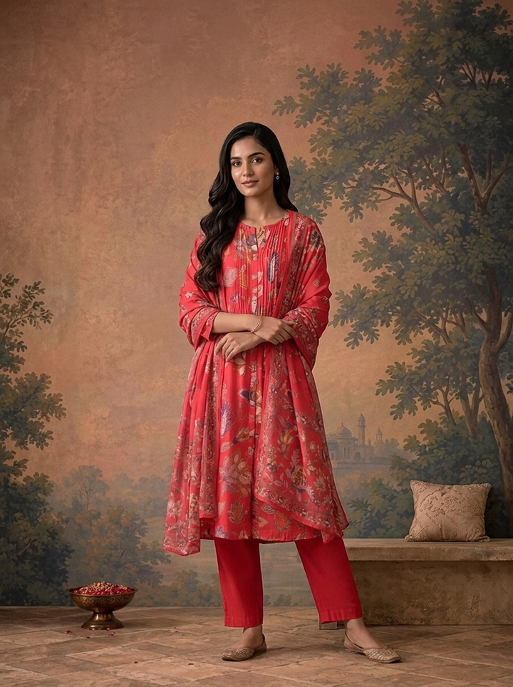 Rani Pink Modal Floral Printed Three Piece Set