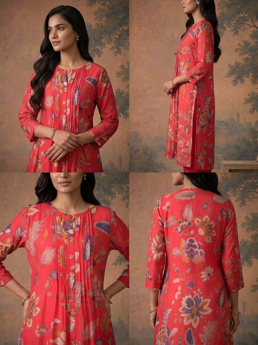 Rani Pink Modal Floral Printed Three Piece Set