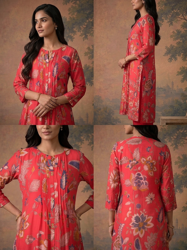 Rani Pink Modal Floral Printed Three Piece Set