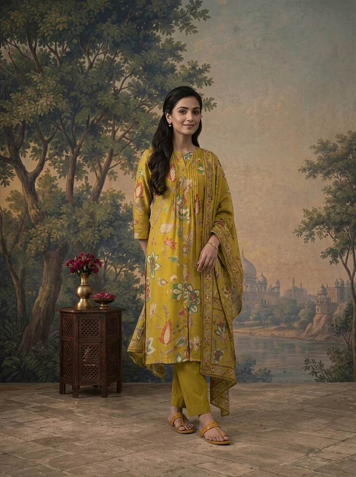 Mehadi Green Modal Floral Printed Three Piece Set