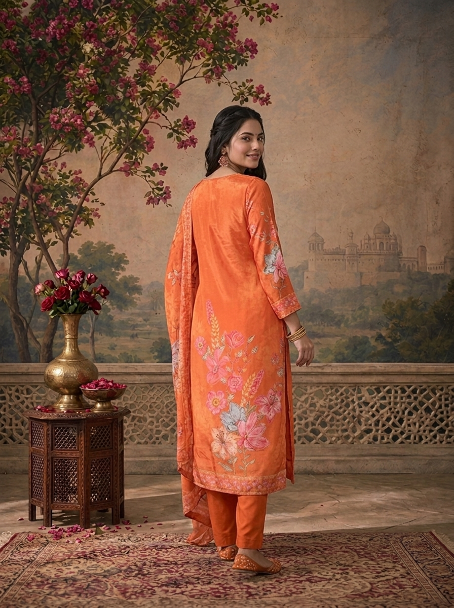 Orange Crepe Floral Hand-Painted Printed Three Piece Set