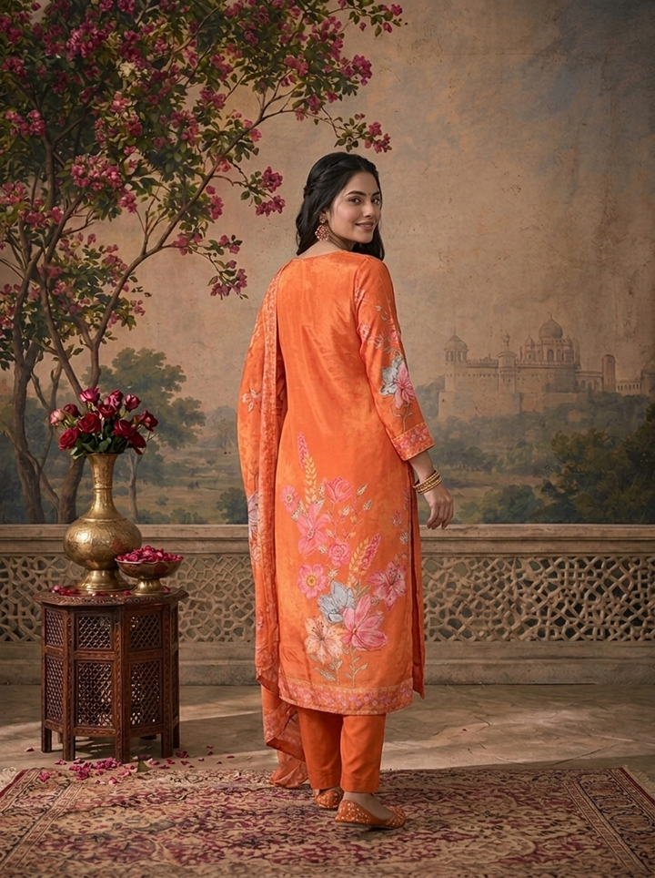 Orange Crepe Floral Hand-Painted Printed Three Piece Set