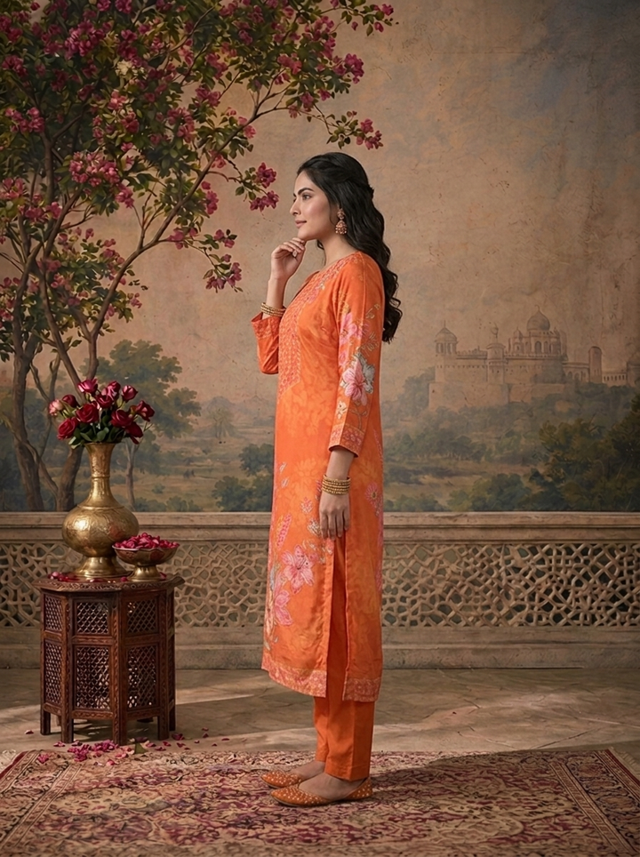 Orange Crepe Floral Hand-Painted Printed Three Piece Set