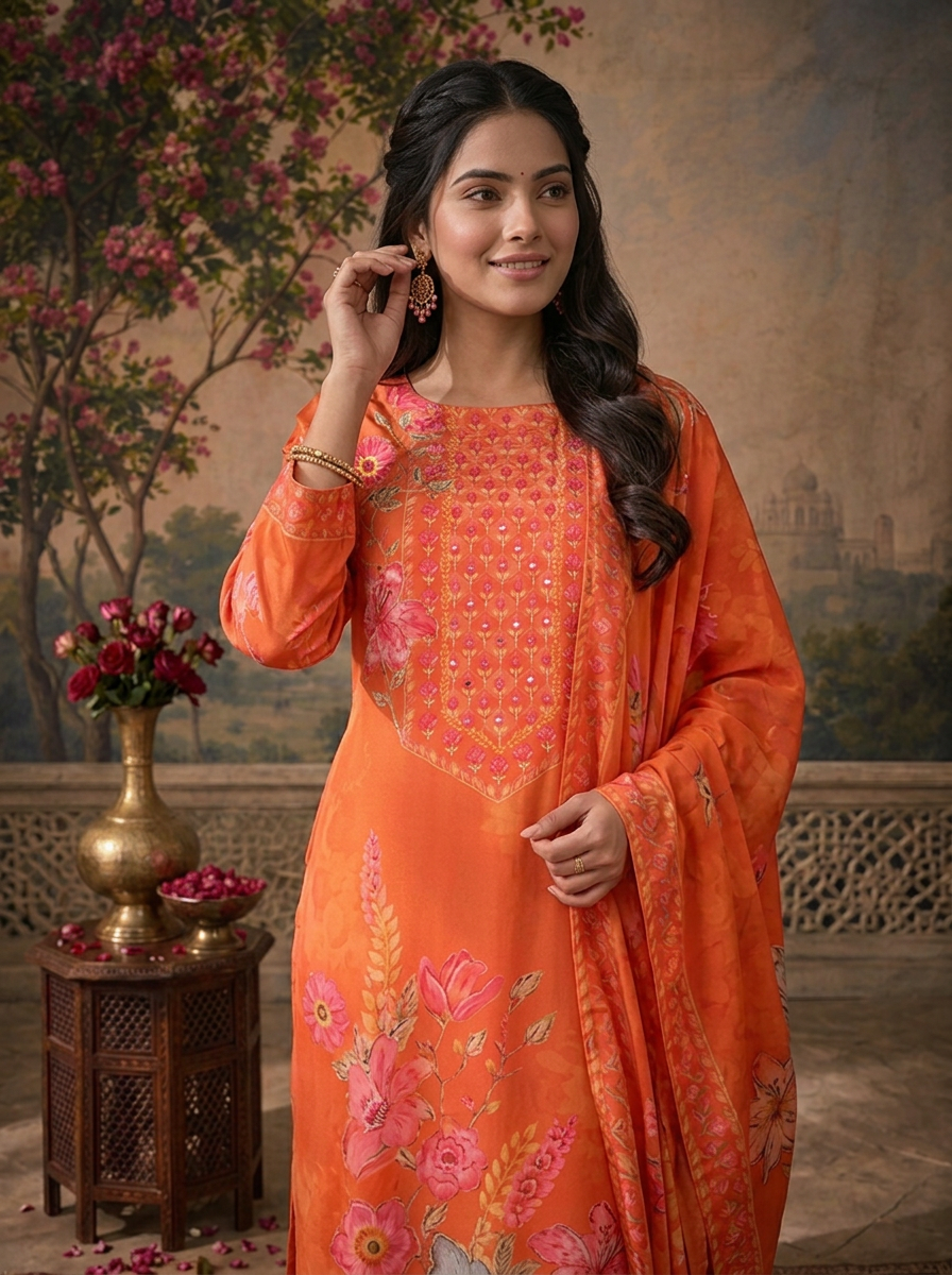 Orange Crepe Floral Hand-Painted Printed Three Piece Set