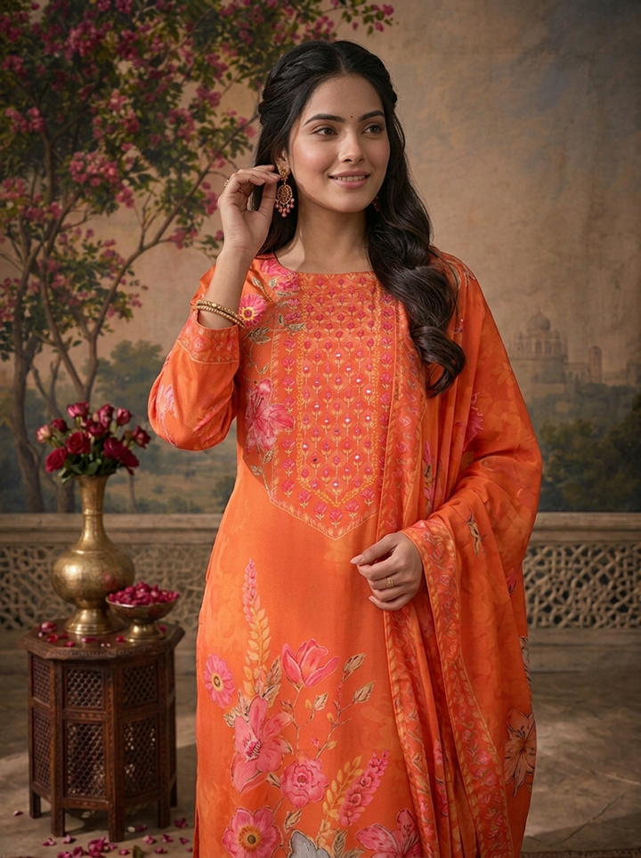 Orange Crepe Floral Hand-Painted Printed Three Piece Set