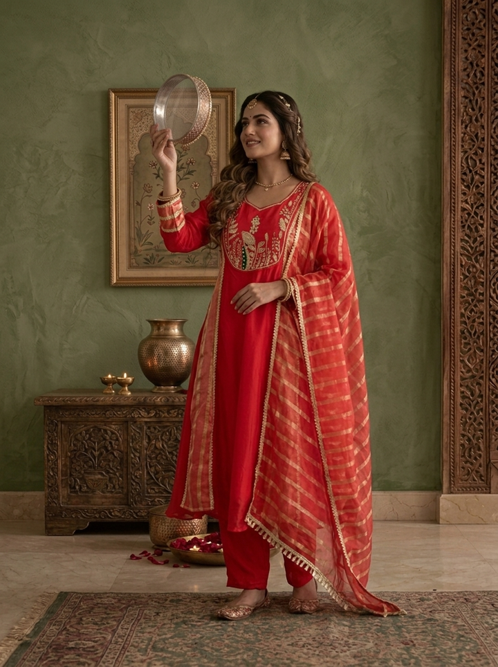 Red Crepe Striped Zardozi Embroidered Three Piece Set