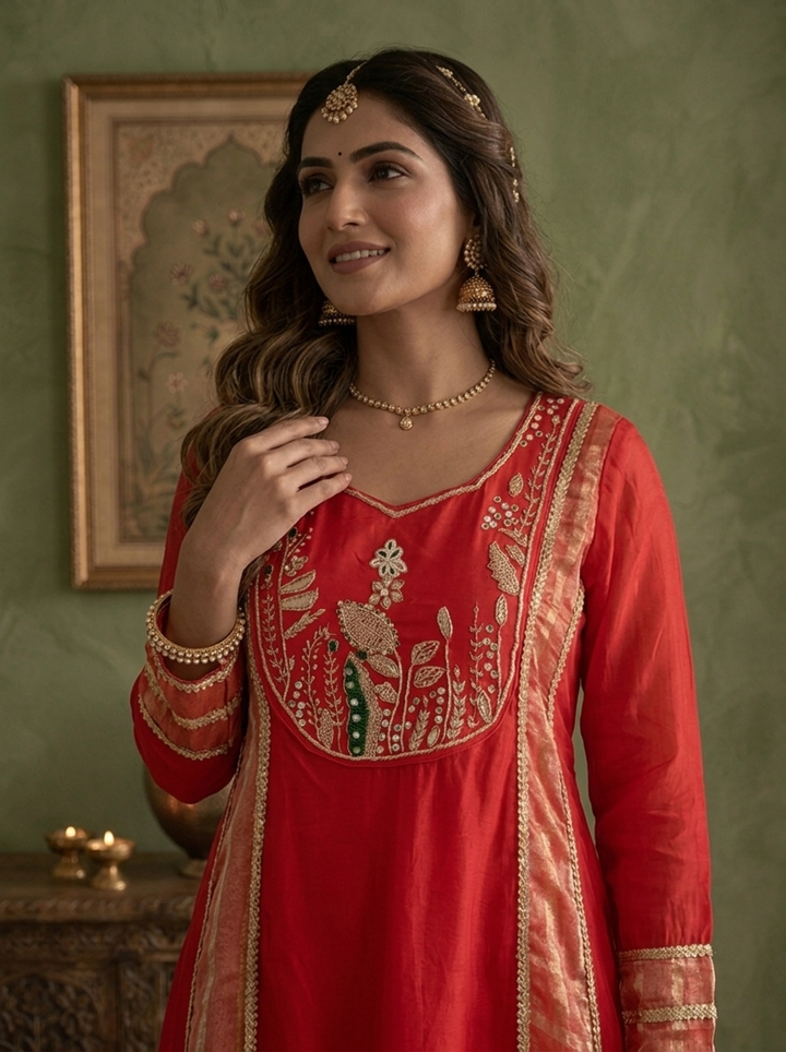 Red Crepe Striped Zardozi Embroidered Three Piece Set