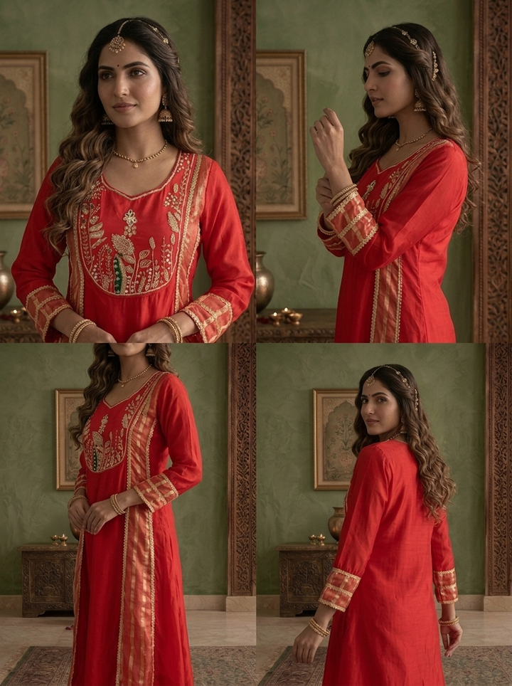 Red Crepe Striped Zardozi Embroidered Three Piece Set