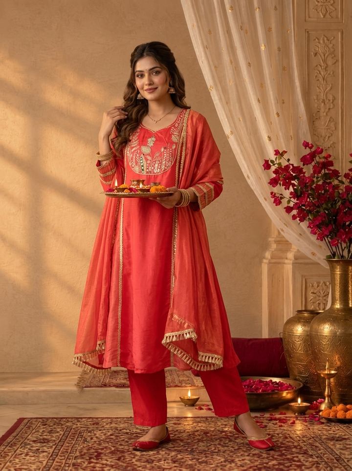 Rani Pink Crepe Striped Zardozi Embroidered Three Piece Set