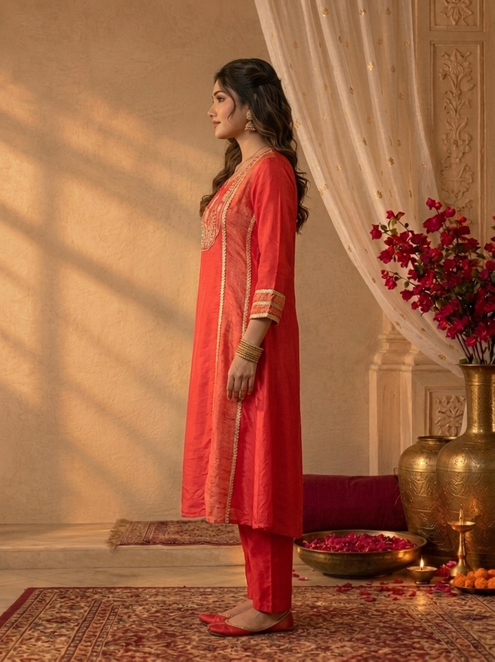 Rani Pink Crepe Striped Zardozi Embroidered Three Piece Set