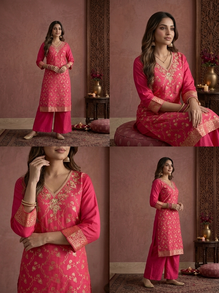 Rani Banaras Silk Zari Floral Vine Weaved Three Piece Set