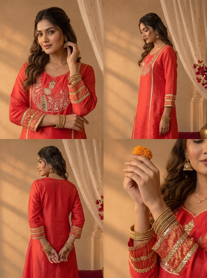 Rani Pink Crepe Striped Zardozi Embroidered Three Piece Set