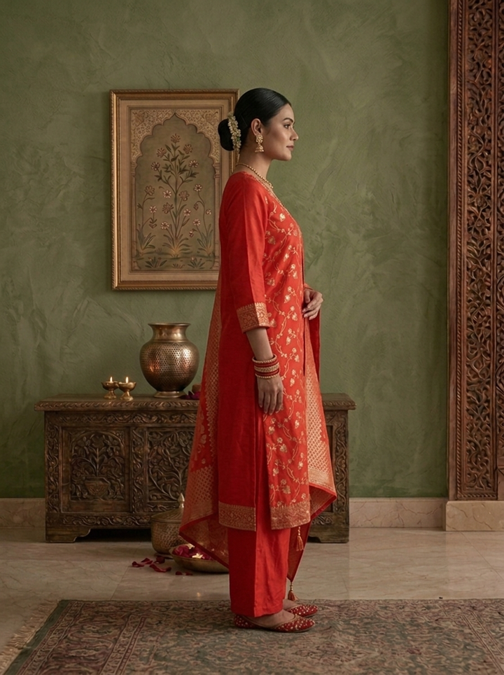 Red Banaras Silk Zari Floral Vine Weaved Three Piece Set